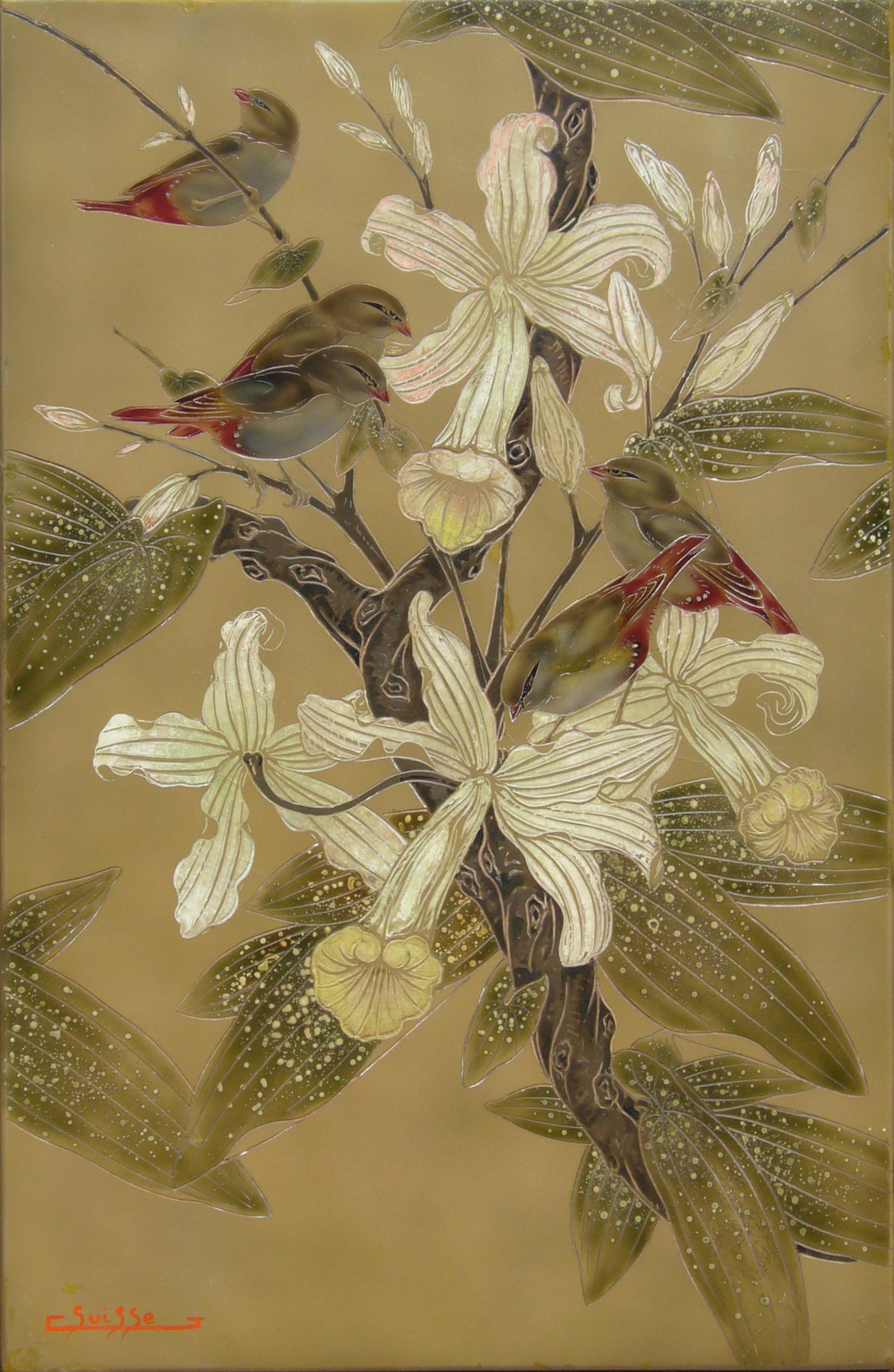 Astrilds dans les fleurs de vanille